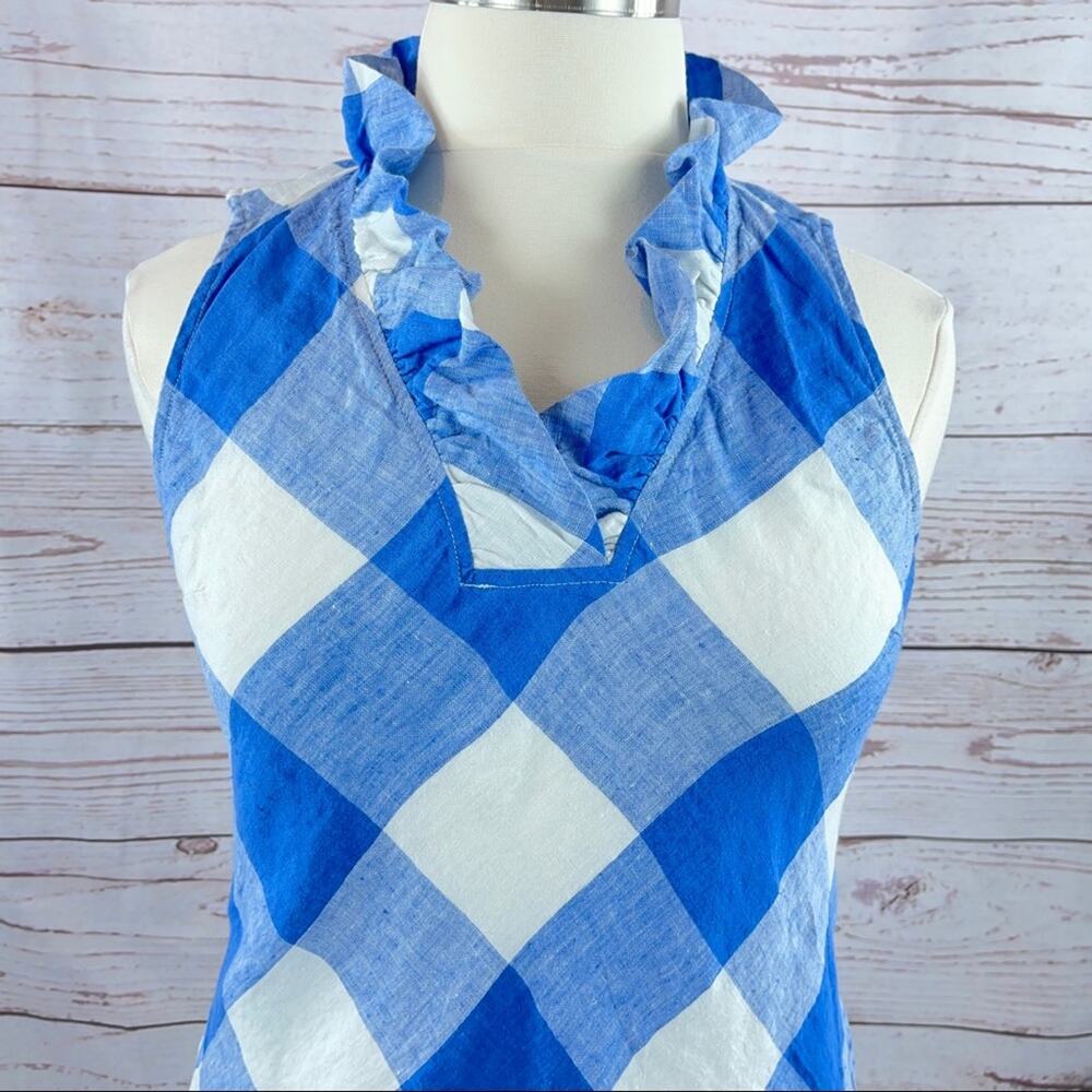 Crown & Ivy plaid blue and white ruffle neckline - Picture 2 of 11